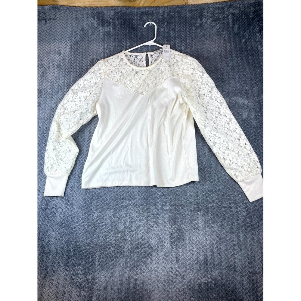 LOFT Blouse Womens Medium Ivory Stretch Floral Lace Keyhole Back Long Sleeve